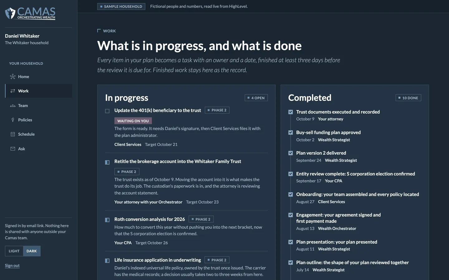 Client view: Every task has an owner and a date