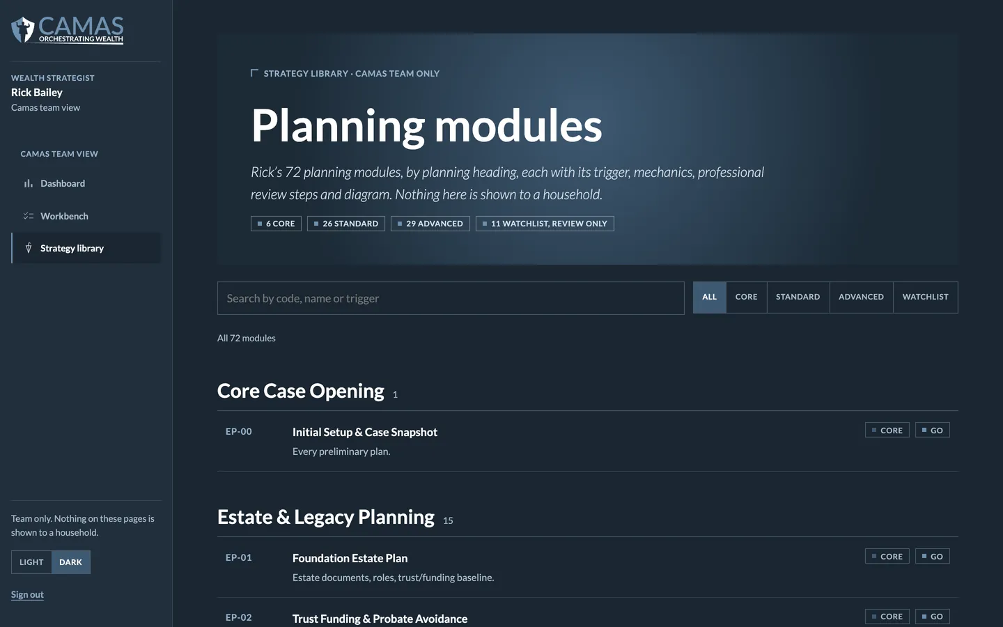 Team view: Every strategy, searchable